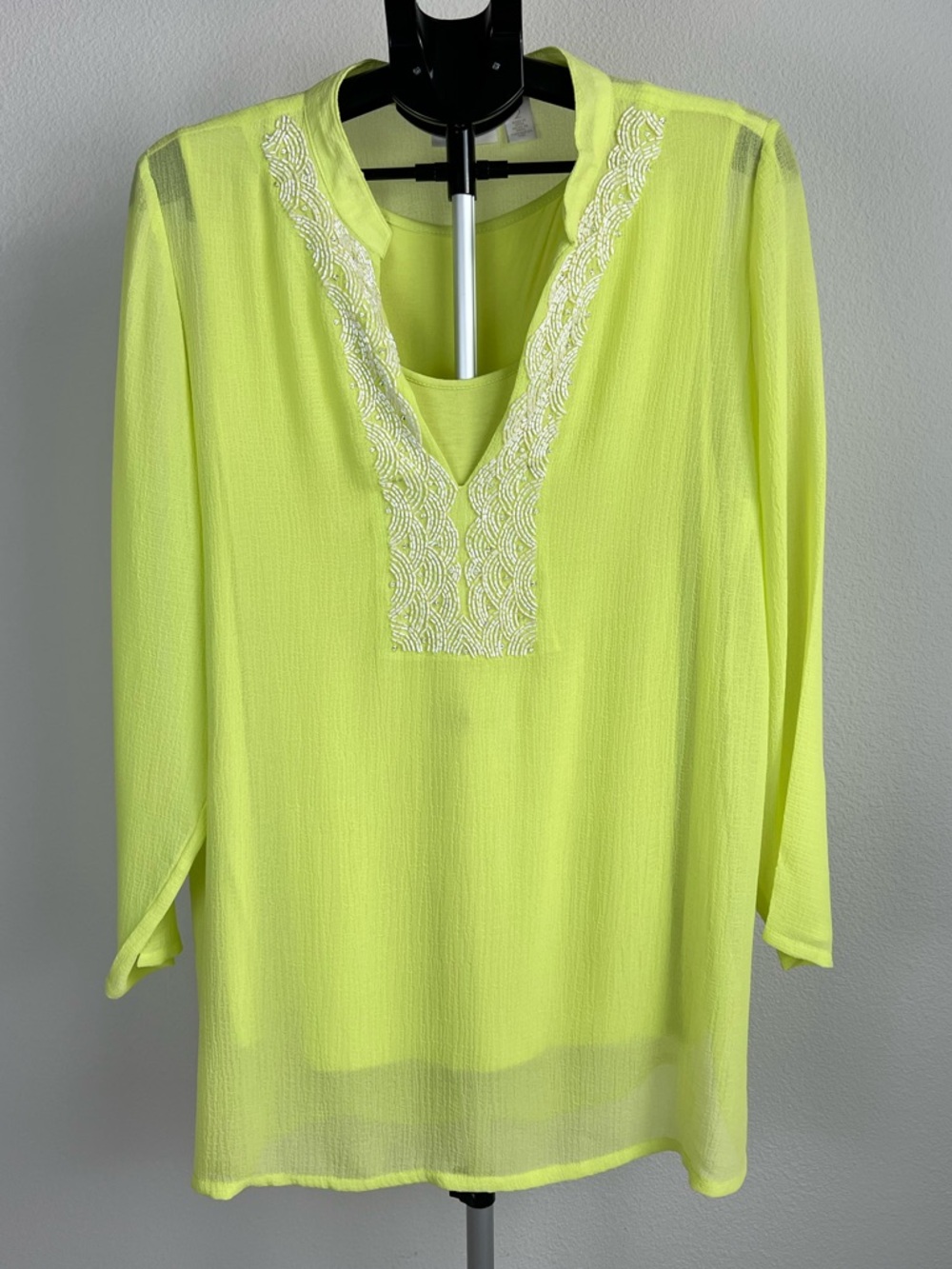 Chico’s Tunic Built In Tank Top Neon Yellow Beaded Blouse Boho Beach L Size 2